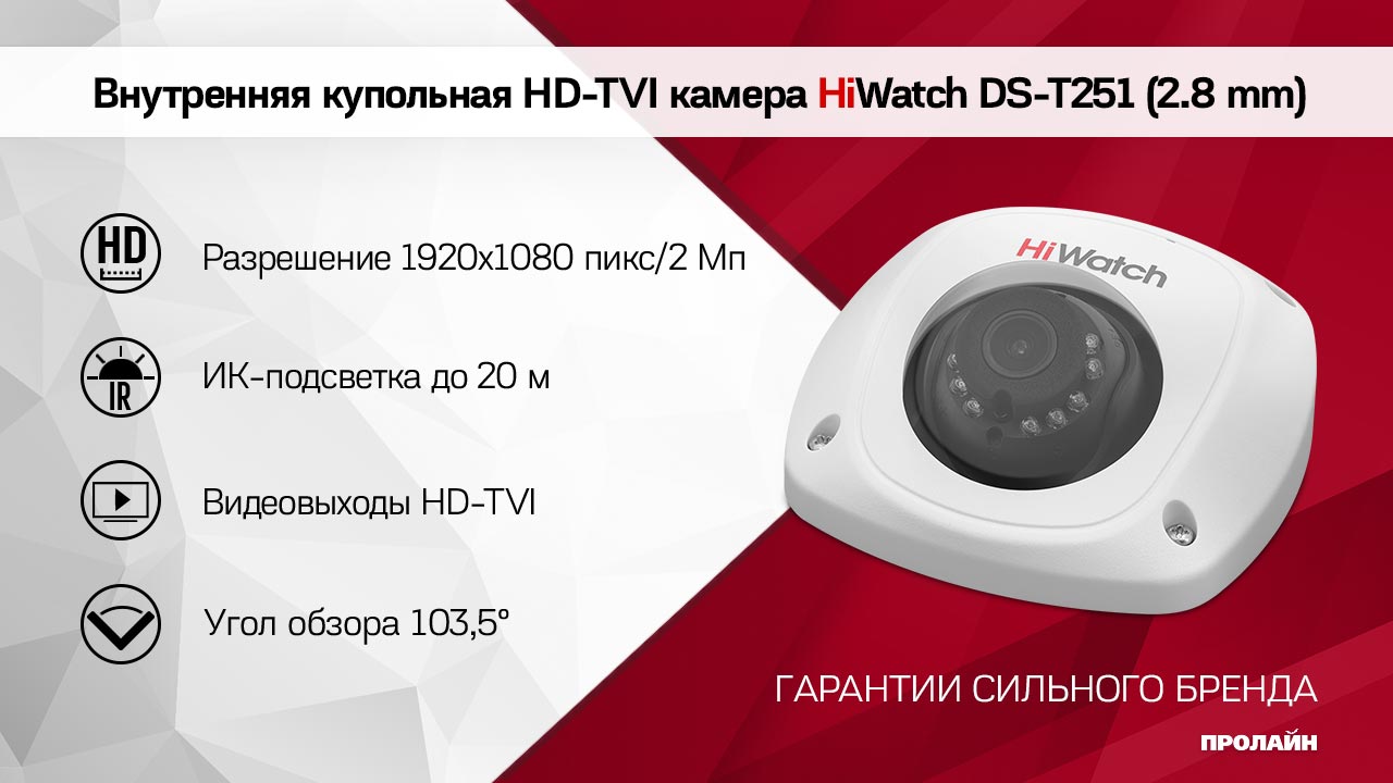 Внутренняя купольная HD-TVI камера HiWatch DS-T251 (2.8 mm)