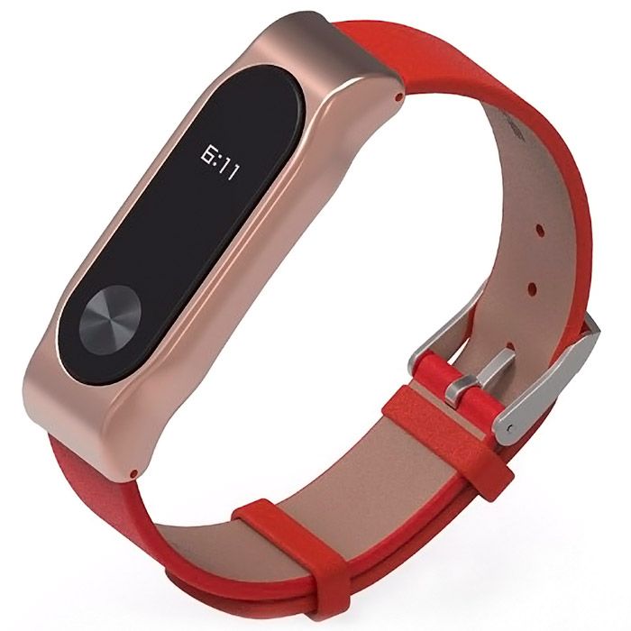 Ремешок для Mi Band 2 кожаный с металлическим основанием красный